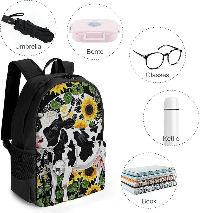 Supdreamc Polyester Daypack Backpack for Trekking Picnic Walking Cycling, Large Capacity Anti-Theft Multipurpose Shoulder Bag, Farm Cow Sunflower Print Casual Daypack