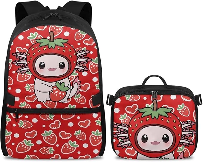HUGS IDEA Strawberry Axolotl Backpacks for Girls Cute Kids Backpack with Lunch Box Cute Preschool School Bookbag for Kids 3-5 Large 17 Inch Schoolbag Lightweight Girls Book Bags Set