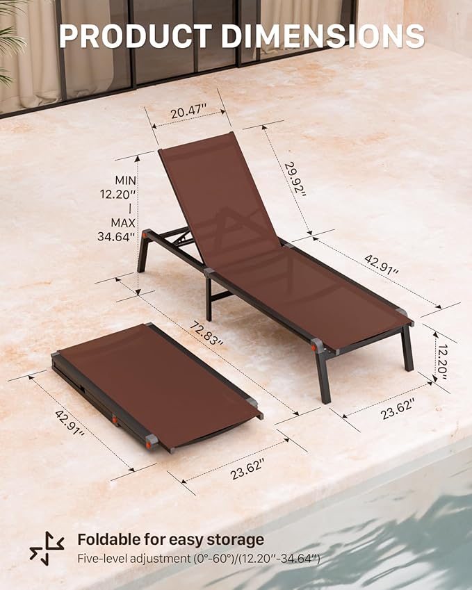Aluminum Chaise Foldable Patio Lounge Chair Outdoor, Metal Deck Lounger Adjustable 5-Position Recliner Pool Chase Breathable Full Flat Outside Sun Tanning Chairs for Beach/Poolside/Lawn(Brown, 1 Pack)