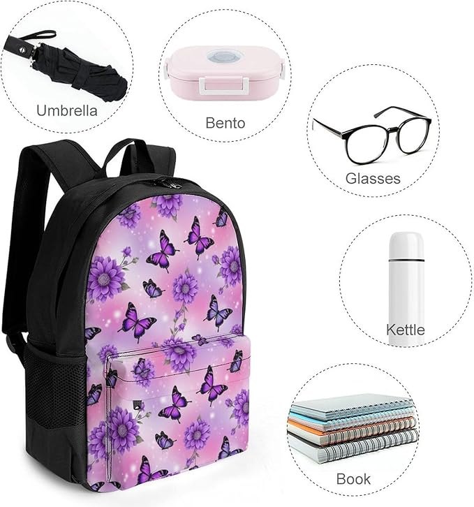 Rucksacks Lightweight Multipurpose Anti-Theft Butterfly Purple Flowers Shoulder Bag Big Capacity Traveling Camping Backpack With Side Pockets