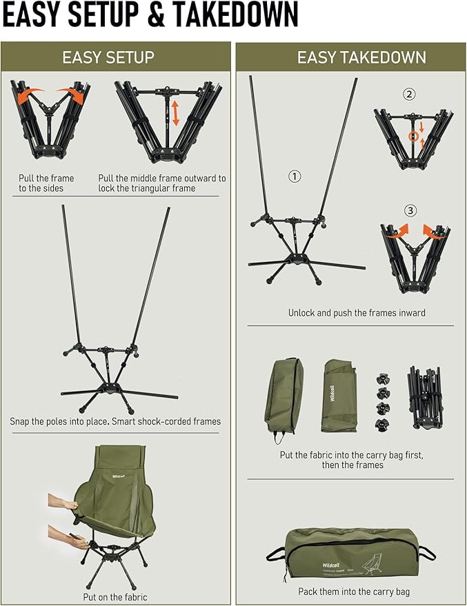 WildCall Lightweight Folding High Back Camping Chair with Head Support, Compact Beach Chair with Anti-Sinking Large Feet and Three Tilt Angles Adjustment