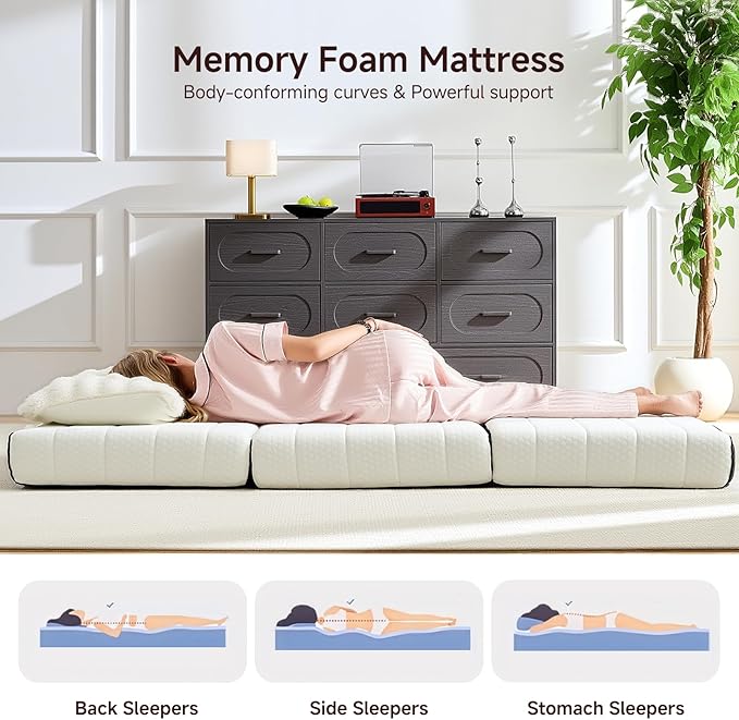 Foldable Mattress, Queen Tri-Fold Memory Foam Mattress Topper with Washable Cover, Handle & Non-Slip Bottom, 6 Inch Portable Folding Bed for Guest, Yoga, Living Room, Camping - 80"x76"x6"