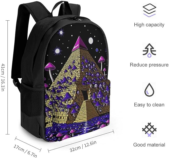 Men Women Lightweight Trippy Magic Pyramid Mushrooms Universe Art Casual Daypack Big Capacity Bookbag With Padded Straps for Gym Travel Walking Cycling