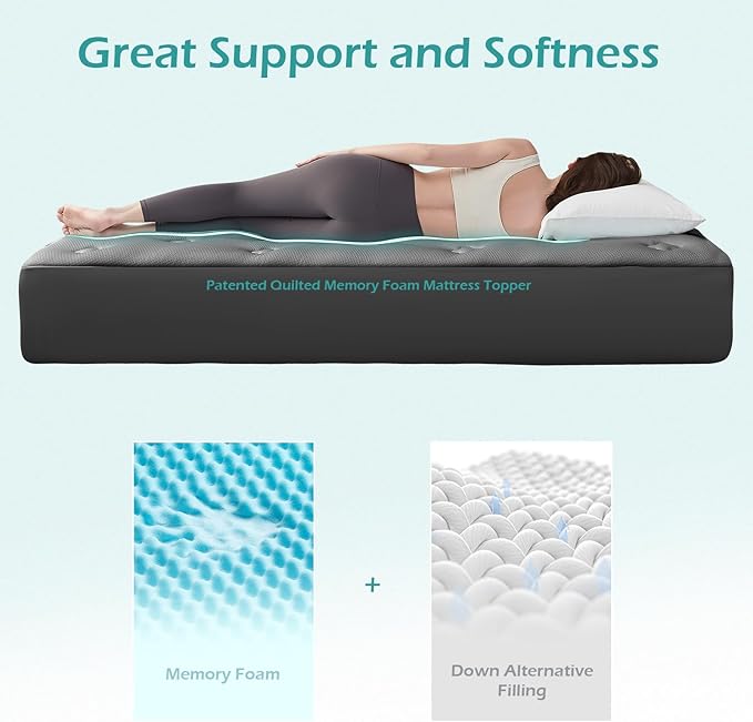 Hansleep Full Size Memory Foam Mattress Pad Topper, Full Foam Mattress Topper Viscose Derived from Bamboo, Full Bed Mattress Pad Cover for Back Pain Relief, 54" x75", Charcoal Grey