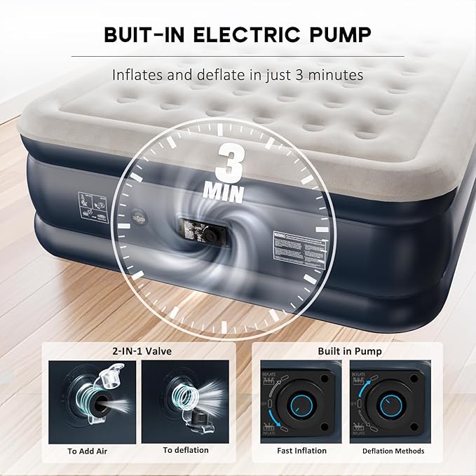 nalone Air Mattress Queen with Built in Pump, 18'' Raise Luxury Inflatable Mattress, 2025 Upgraded Fast Blow Up Mattress with Carry Bag, Portable Air Bed for Home, Travel & Camping