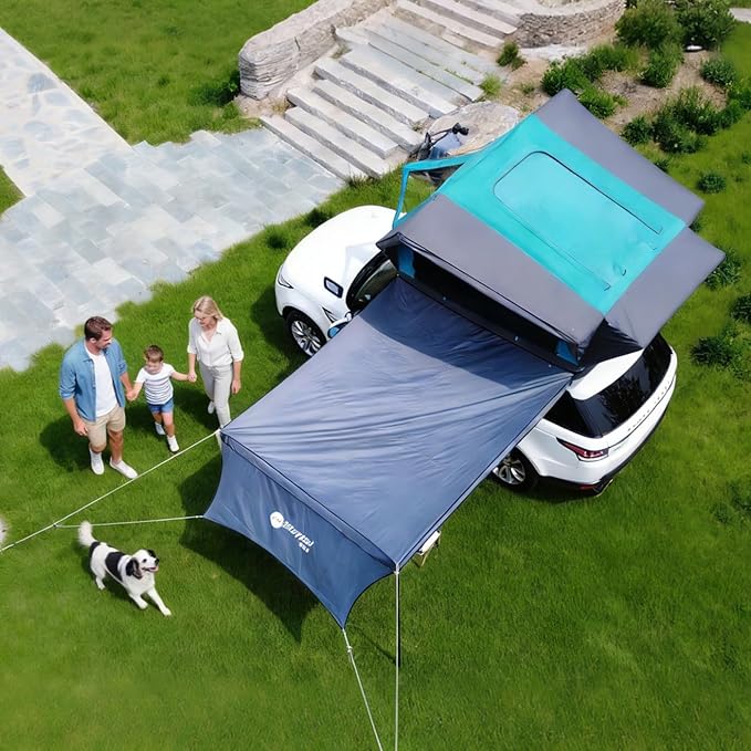 PlayDo Inflatable Rooftop Tent Easy Set Up Pop Up Roof Tent Air Extra Wide Large for 3 Person Family Camping Waterproof Cotton Tents for Truck Car SUV with Light, Skylight