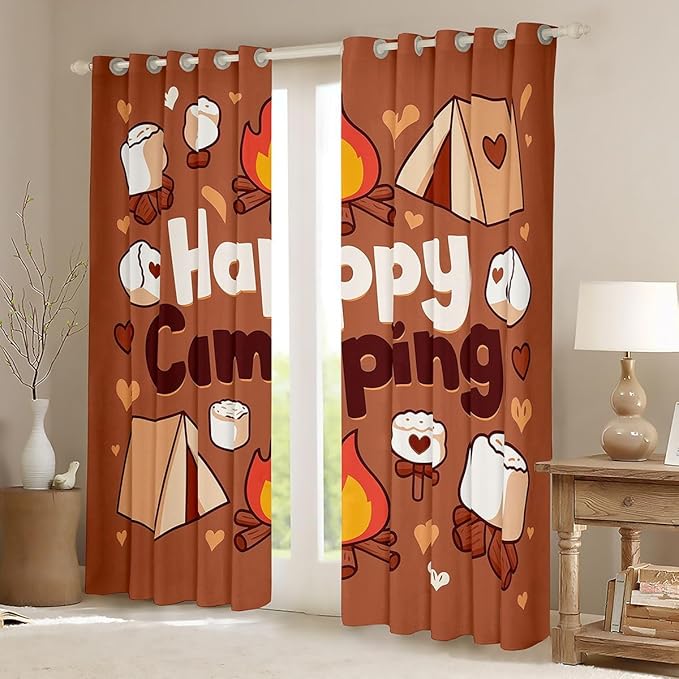 Erosebridal Camper Window Curtains 52" Wx84 L Happy Camping Blackout Curtains for Bedroom Living Room,Camping Tent Window Treatments Adventure Campfire Marshmallows Drapes Decor 2 Panels