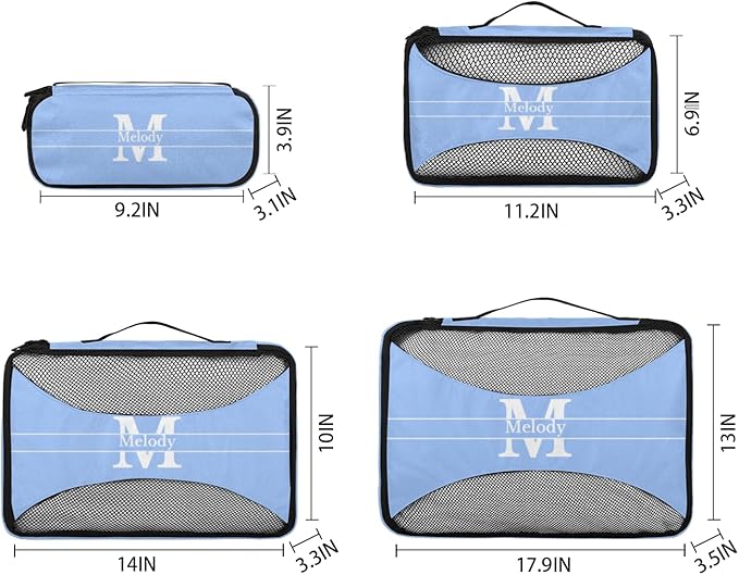 Custom Name 4 Pcs set travel luggage organizer Mesh Travel Essentials for Suitcases, Light Sky Blue with Initial Letter