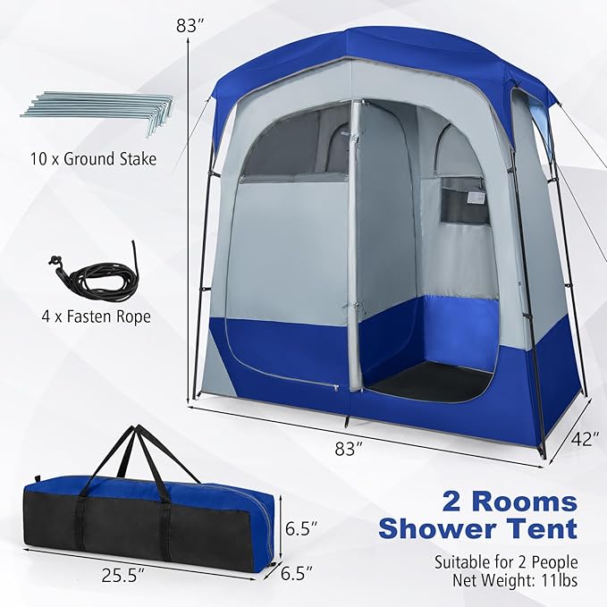 LDAILY Camping Shower Tent, 2 Room Instant Privacy Tent with Floor, Removable Rain Cover, Mesh Window, Inside Pocket and Clothesline, Portable Changing Room for Outdoor Toilet, Dressing