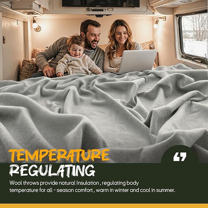 Merino Wool Blend Camping Blanket Ultra Warm, Moisture Wicking, Portable Outdoor Blanket for Camping, RV Trips, Adventures, Picnic, Bushcraft Survival Kits, Large 86"x62"