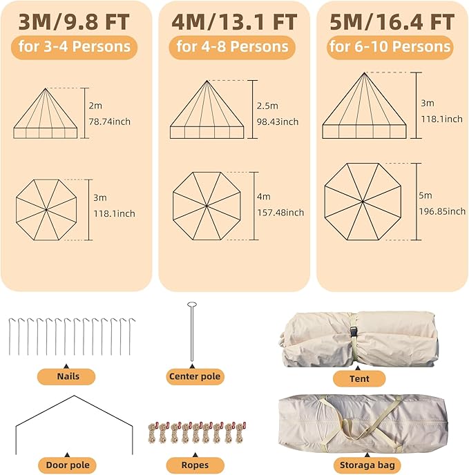 Bell Tent for Family Camping, 9.8/13.1/16.4 FT Yurt Tent with Stove Jack, 4 Season Oxford Tents for Outdoor Party, Hot Tent Shelter Fits 3-4 People