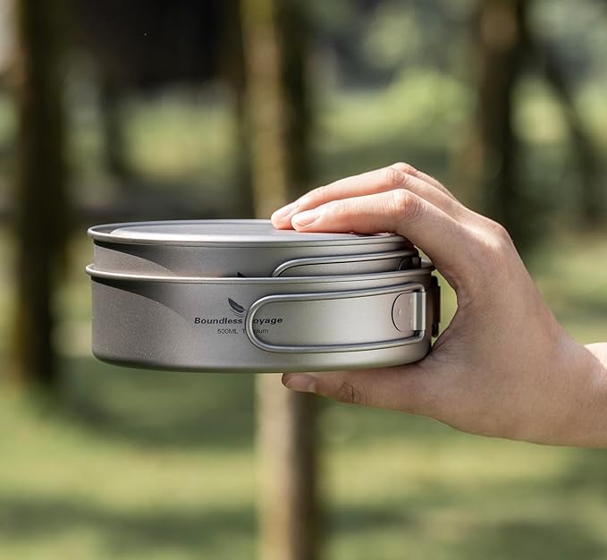 Boundless Voyage Titanium Pots Pans Set Camping Cookware 500ml 600ml 700ml Bowls Outdoor Portable Lightweight Stackable Cooking Kit with Folding Handle 3 Pieces Set Tableware for 1-3 Person Ti2032C