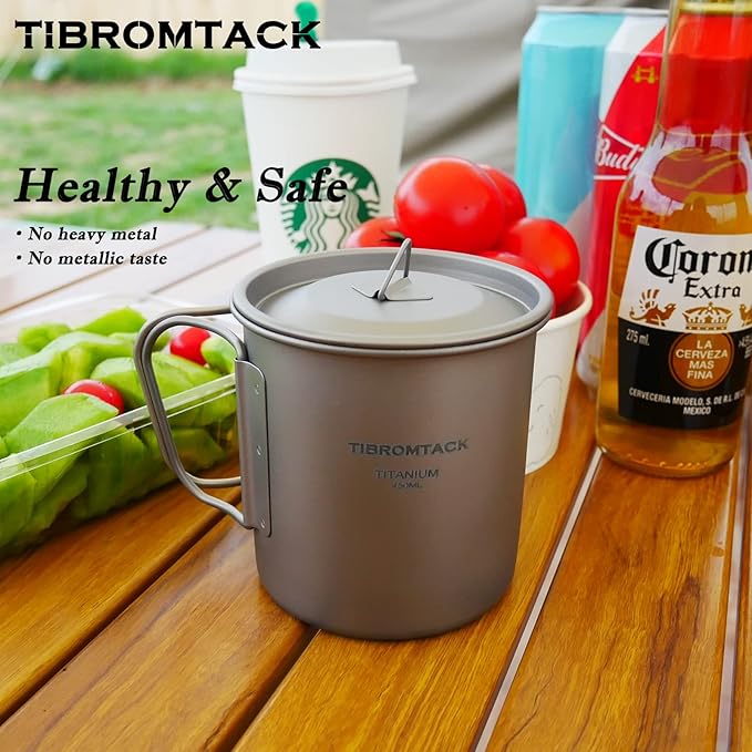 TIBROMTACK Camping Cup with Lid Pure Titanium Coffee Mug Ultralight 450ml Outdoor Small Camping Pot with Foldable Handle for Backpacking Hiking Travel and Daily Use with Mesh Bag