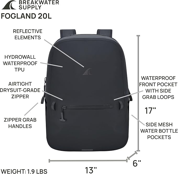 Breakwater Supply™ Fogland Waterproof IP68 Submersible Backpack with Airtight Zippers | Laptop Travel Outdoors | 25L 20L 15L | 100% Waterproof, Submersible, Airtight Zippers, Travel Outdoors