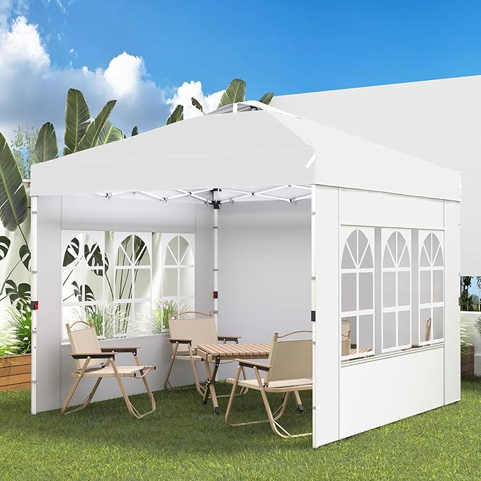 Shades 10x10 Pop Up Canopy with 3 Sidewalls & 4 Sandbags,Heavy Duty Beach Tent with Portable Bag,Sun Shelter for Parties,Events,Outdoor Gazebo with 420D Coated Waterproof White Fabric