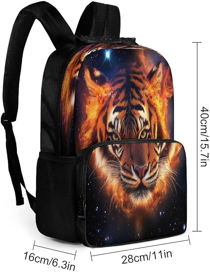 Polyester Daypack Backpack for Trekking Picnic Walking Cycling, Large Capacity Anti-Theft Multipurpose Shoulder Bag, Space Fire Flame Animal King Wild Angry Tiger Casual Daypack