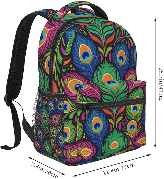 Men Women Lightweight Chic Animal Beautiful Peacock Feather Art Casual Daypack Big Capacity Bookbag With Padded Straps for Gym Travel Walking Cycling