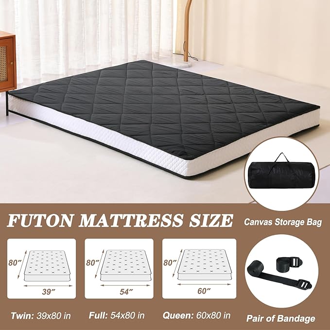 DoCred Queen Size Futon Mattress, Extra Thick Foldable Japanese Floor Mattress Memory Foam Sleeping Pad for Adults, Roll Up Mattress Tatami Mat Breathable Floor Lounger Guest Bed