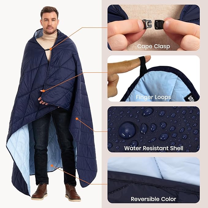 Outdoor Puffy Blanket, Reversible Warm Camping Blanket, Water-Resistant, Packable, Lightweight, Camping Quilt, for Stadium, Backpacking, Hammock, Picnic. 79"x55". Royal Blue