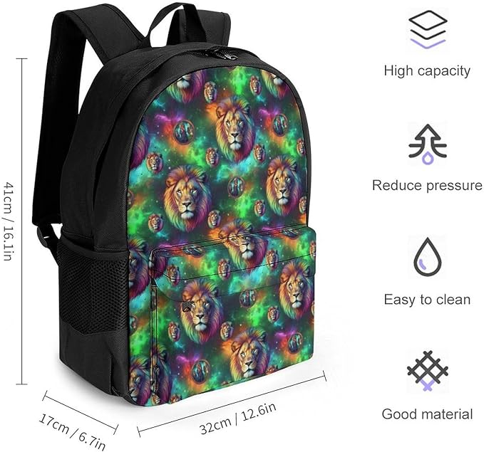 Backpack Polyester Anti-Theft Multipurpose Green Galaxy Lion Bookbag Large Capacity Laptop Book Bag Rucksack With Side Pockets