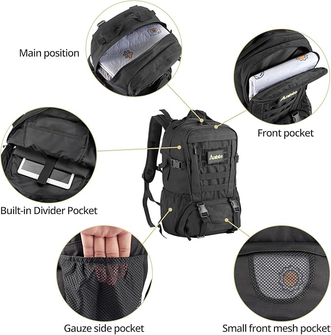 Anbte 40 L Waterproof Lightweight Tactical Backpack, MOLLE System, Comfortable Design for Camping, Hiking, Cycling & Travel, Durable Outdoor Day Pack for Men & Women (Black)