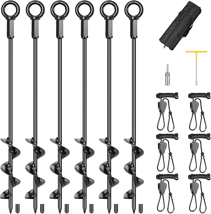 Tent Stakes Anchors 16-in 6 Pack, RV Awning Tie Down Kit for Wind-Proof with Retractable Ratchet Straps, Camping Stakes Heavy Duty for Tents, Beach Umbrellas, Canopies, Carport, Campers