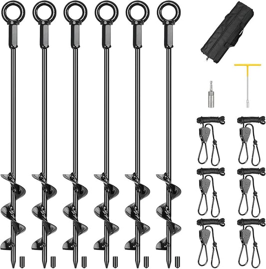 Tent Stakes Anchors 16-in 6 Pack, RV Awning Tie Down Kit for Wind-Proof with Retractable Ratchet Straps, Camping Stakes Heavy Duty for Tents, Beach Umbrellas, Canopies, Carport, Campers