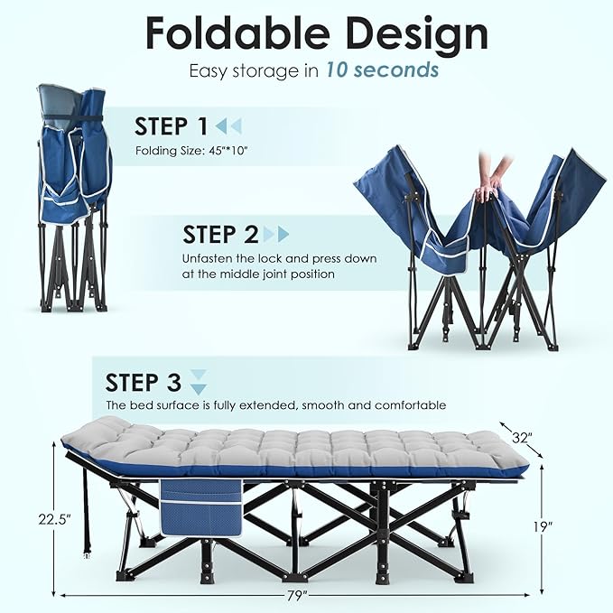 Suteck Camping Cot, 32In XXL Folding Camping Cot Heavy Duty Sleeping Bed for Adults 1200D Double Layer Oxford Cots for Camping W/Pilllow Mattress Carry Bag for Home Office Nap Beach Travel, 900LBS