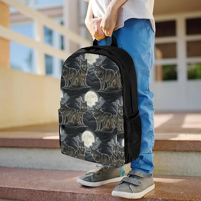 Sturdy Multipurpose Dual Shoulder Bag for Gym and Outdoor Activities, Full Moon Wolf, Travel Hiking Daypack