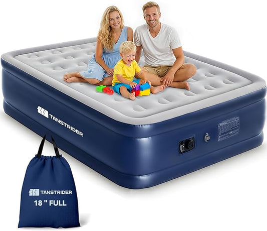 Air Mattress Full with Built in Pump,18'' Raised Inflatable Blow Up Air Bed, 3 Mins Quick Self-Inflation/Deflation Inflatable Bed for Guests & Home, Outdoor Camping and Travel（Dark Blue）