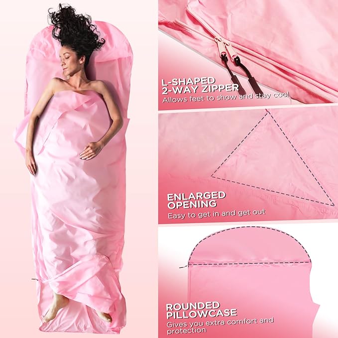 Ultralight Sleeping Bag Liner - 5.3 oz Washable Adult Sleep Sack & Travel Sheets, Self Tan Sleep Sack with Two-Way-Zipper, for Backpacking, Hotel, Camping, Travel