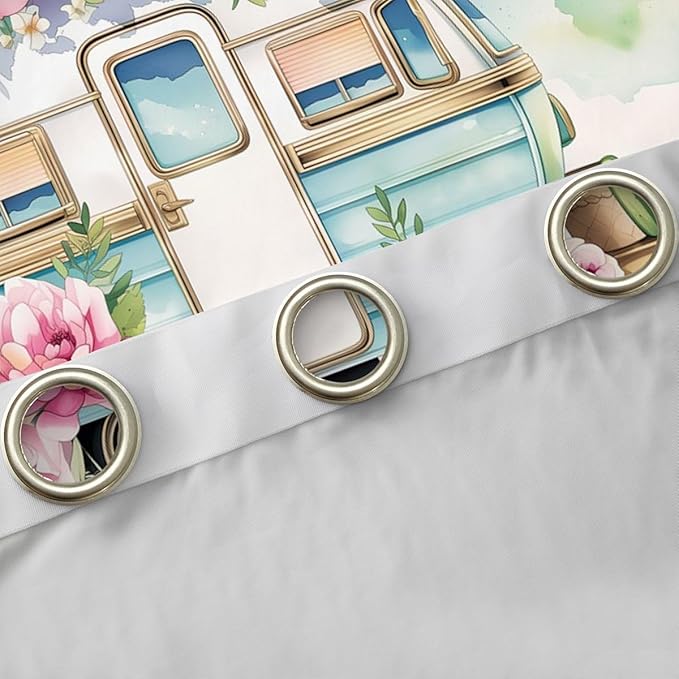Erosebridal Girls Camper Blackout Curtains for Bedroom Living Room Camping Car Floral Window Curtains 2 Panels 42" Wx63 L Happy Camping Adventure Drapes,Rustic Pink Flowers Window Treatments