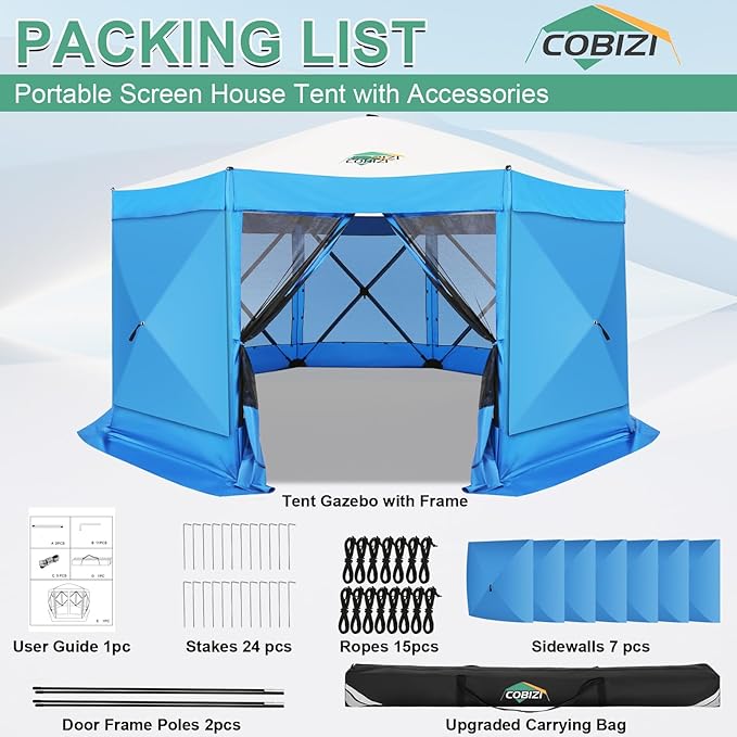 COBIZI 15x15 FT Pop Up Gazebo - Canopy Tent, Large Gazebos On Clearance with Sidewalls, Screened in Gazebo,carpas para Patio,Portable Screen Tents for 12-15 Persons Outdoor Camping, Backyard, Blue