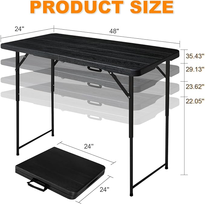 4ft Folding Table, Portable Fold-in-Half Adjustable Height Utility Table for Indoor/Outdoor Use, Durable HDPE & Steel, Stable & Lightweight, Multi-Purpose, Black Woodgrain