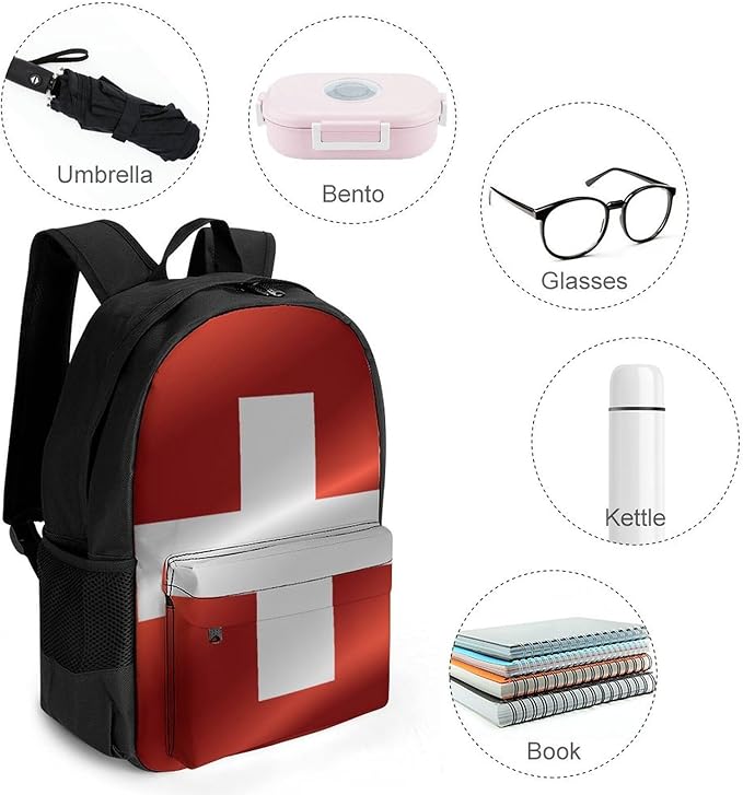Men Women Polyester Flag Of Switzerland Backpack Large Capacity Bookbag With Smooth Zippers for Climbing Picnic Bicycle