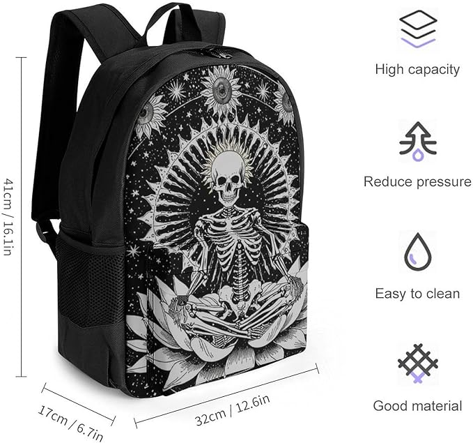 Men Women Polyester Seven Star Meditation Skeleton Skull Black Daypack Bookbag Big Capacity Shoulder Bag With Padded Straps for Climbing Travel Walking Cycling