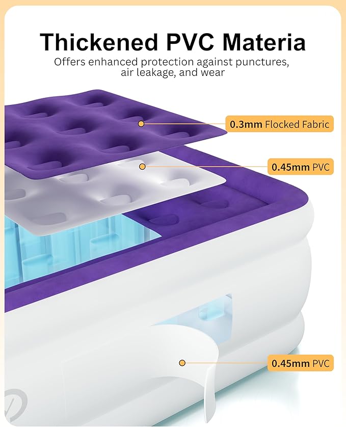 Queen Air Mattress with Built in Pump, Inflatable Mattress for Home, Blow up Air Bed 3 Min Quick Inflation and Deflation, Thin Velvet Top, 22'' Queen Size Purple