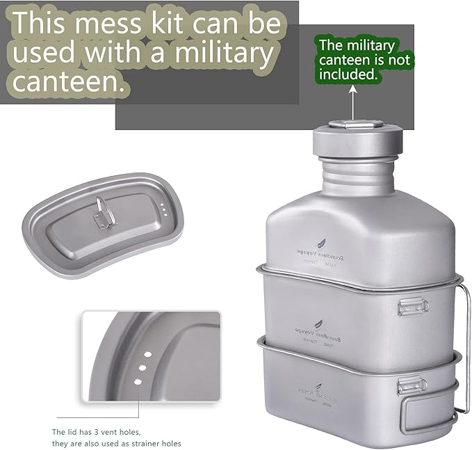 iBasingo Titanium Canteen Mess Kit with Folding Handle Hanging Ring Ultralight Portable for Lunch Outdoor Camping Hiking