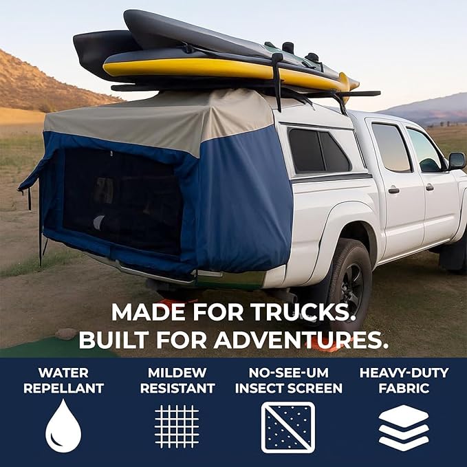 Truck Bed Tent for Caps– Fits Ford F-150, Chevy Silverado, Toyota Tundra, Tacoma (2005+), Tailgate ≥ 58" – Converts Truck with Cap into Camping Tent
