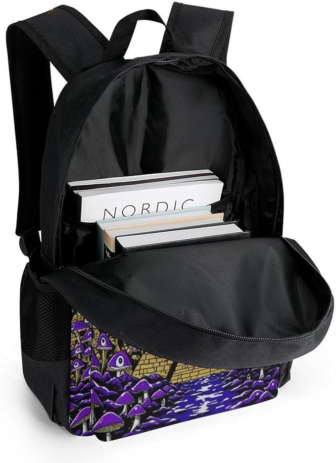 Men Women Polyester Trippy Magic Pyramid Mushrooms Universe Art Casual Daypack Large Capacity Carry On Bag With Adjustable Shoulder Straps for Camping Work Running