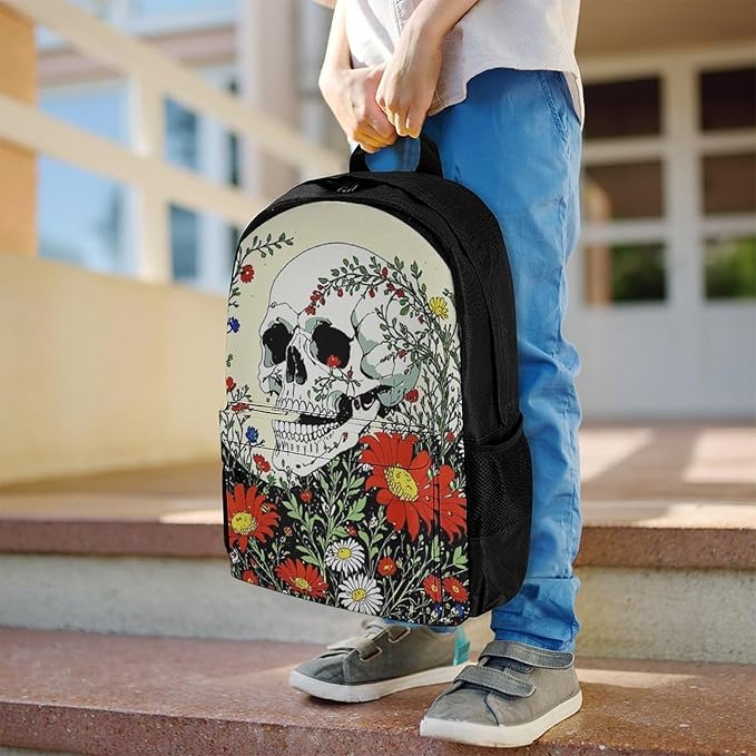 Supdreamc Daypack Backpack Polyester Anti-Theft Multipurpose Psychedelic Skull Skeleton Floral Art Bookbag Big Capacity Travel Hiking Camping Rucksack With Smooth Zippers