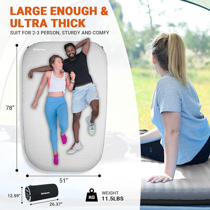 KingCamp Sleeping Pad for Camping Double Size Self Inflating Camping Mattress 11 R-Value Foam Pads 3" Thick 2 People Outdoor Pad Light Grey
