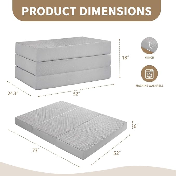 CYMULA Folding Mattress Full Size, 6 inch Memory Foam Tri Portable Murphy Bed and Futon, Full Topper with Breathable & Washable Cover, Foldable Floor Mattress for RV，Guest Beds，Grey (52"×73"×6")