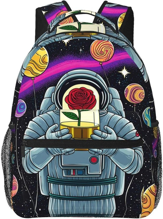 Men Women Lightweight,Astronaut Starry Sky Roses Colorful Planet Art Casual Daypack Big Capacity Bookbag With Padded Straps for Gym Travel Walking Cycling