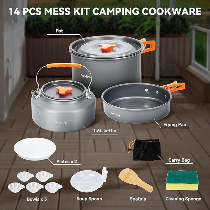 Onlyfire 14pcs Camping Cookware Mess Kit, Non-Stick Lightweight Pot Pan Kettle Set with Plates Forks Knives Spoons for Camping, Backpacking, Outdoor Cooking and Picnic CT604