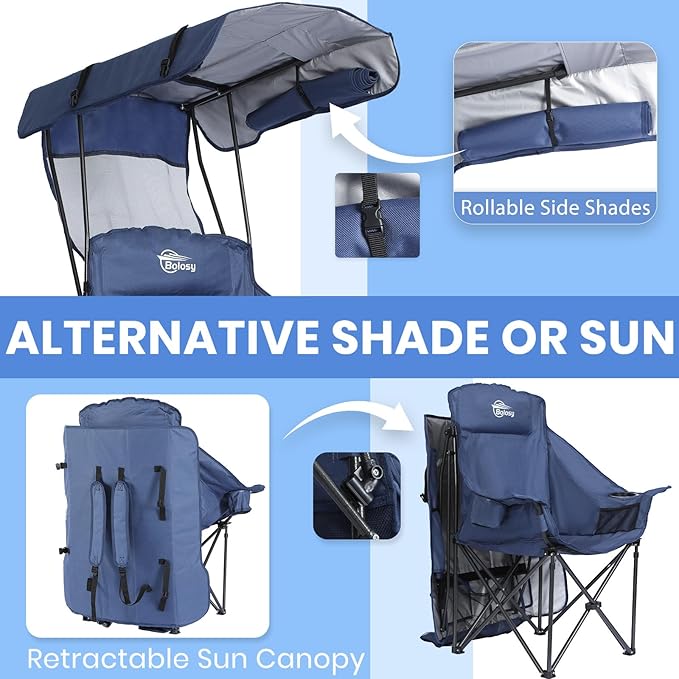 2 Pack Camping Chair with Canopy Oversized Beach Chair with Canopy Shade Folding Canopy Chair for Camping, Beach, Fishing, Sports - High Back, Padded Headrest, Cup Holder, Pocket - Support 400 LBS