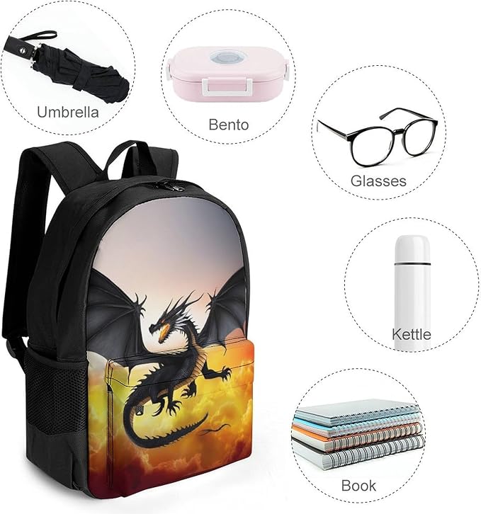 Polyester Daypack Backpack for Climbing Outdoors Running, Big Capacity Multipurpose Anti-Theft Bookbag, Fire Cool Dragon Travel Hiking Camping Rucksack