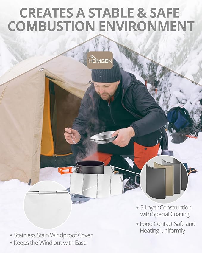 HOMGEN 14-Piece Camping Cooking Set with Stove Windshield & 2 Plates - Lightweight Aluminum Nesting Pot/Frying Pan Teapot - Complete Camping Mess Kit for Backpacking Picnics Outdoor Cooking Camping