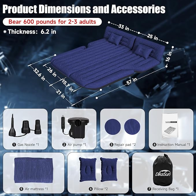 Inflatable SUV Air Mattress Bed Car Mattress for SUV, Double-Sided Flocking Travel Camping Bed Car Air Mattress, Car Sleeping Mattress Bed for Universal SUV with Air Pump & 2 Pillows