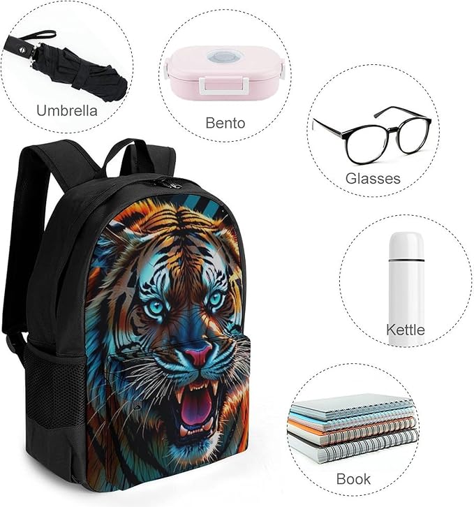 Lightweight Daypack Backpack for Trekking Work Running, Big Capacity Multipurpose Anti-Theft Bookbag, Angry Tiger Rainbow Animal Magic Art Business Computer Bag